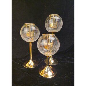 Elegant Vintage Gold & Glass Crackle Candle Holders Set Of 3 With Tall Stems & T